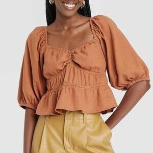 a new day Rust-brown Puff Sleeve Linen Top size L